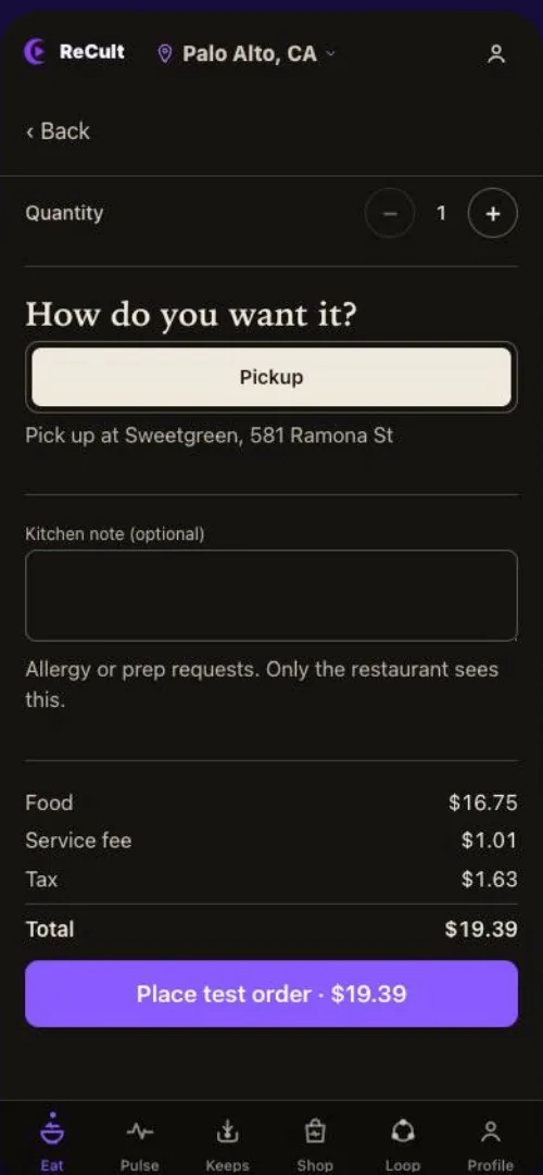 Checkout screen with pickup selected