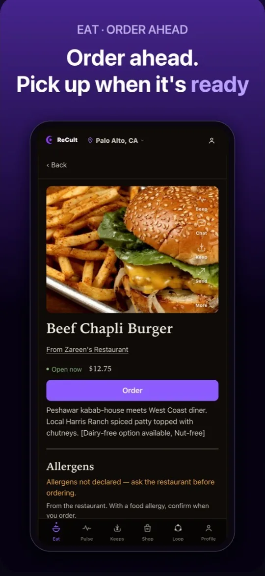 Beef Chapli Burger dish page with an Order button