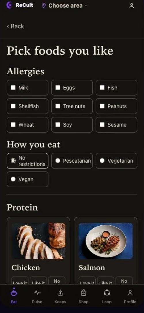 Pick foods you like: allergies, diet and proteins